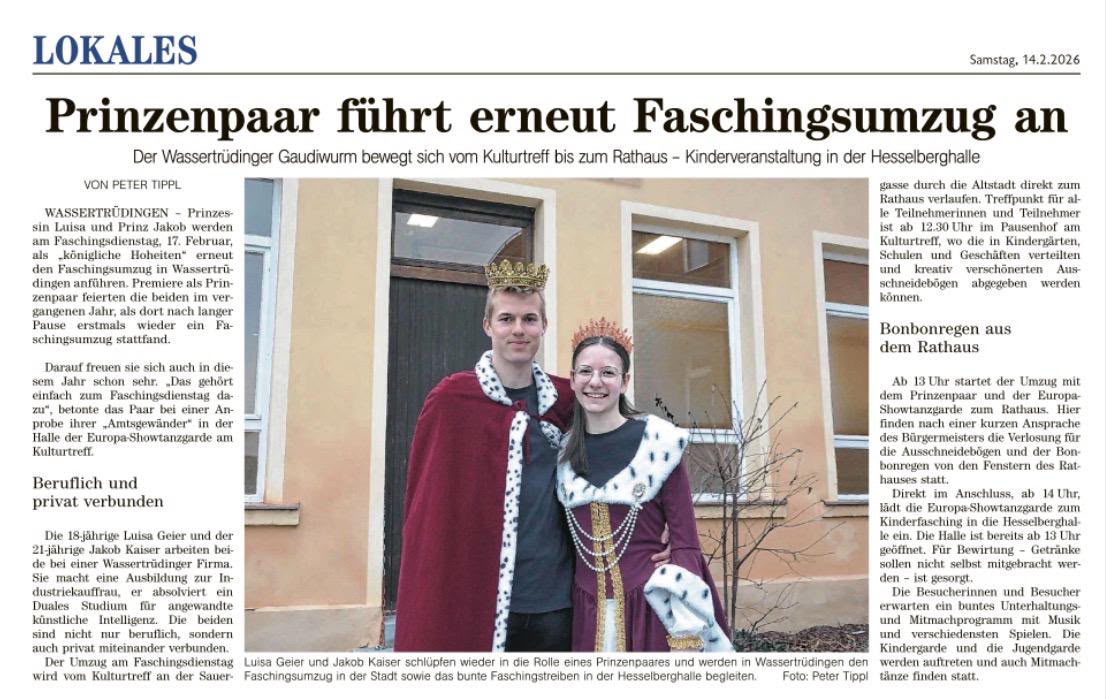 Zeitungsartikel über das Prinzenpaar beim Kinderfasching.