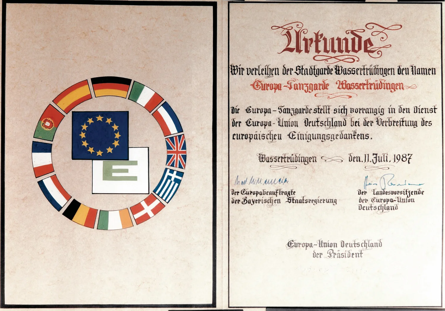 Urkunde der Europa-Union Deutschland von 1987 mit den Flaggen europäischer Länder und der Verleihung des Namens Europa-Tanzgarde Wassertrüdingen.